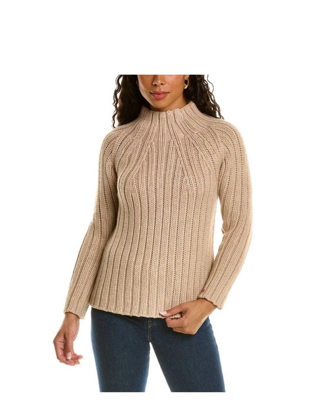Frances Valentine Shelby Beige Ribbed Wool Mock-Neck Sweater Size Small